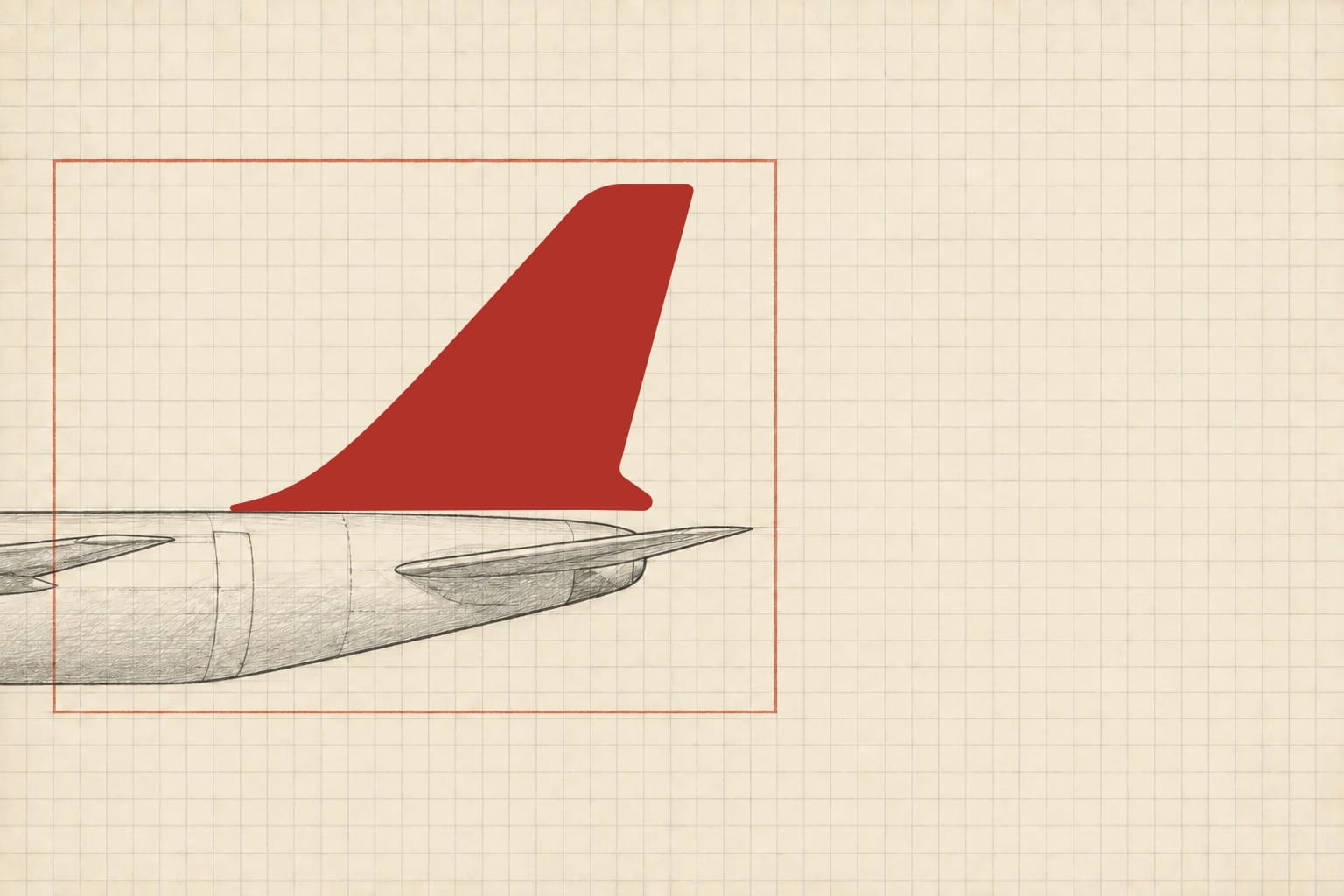 A graphite aircraft tail and rear jet-exhaust profile enclosed in a muted red rectangle on cream graph paper, with the final red chrt tail mark alongside it.