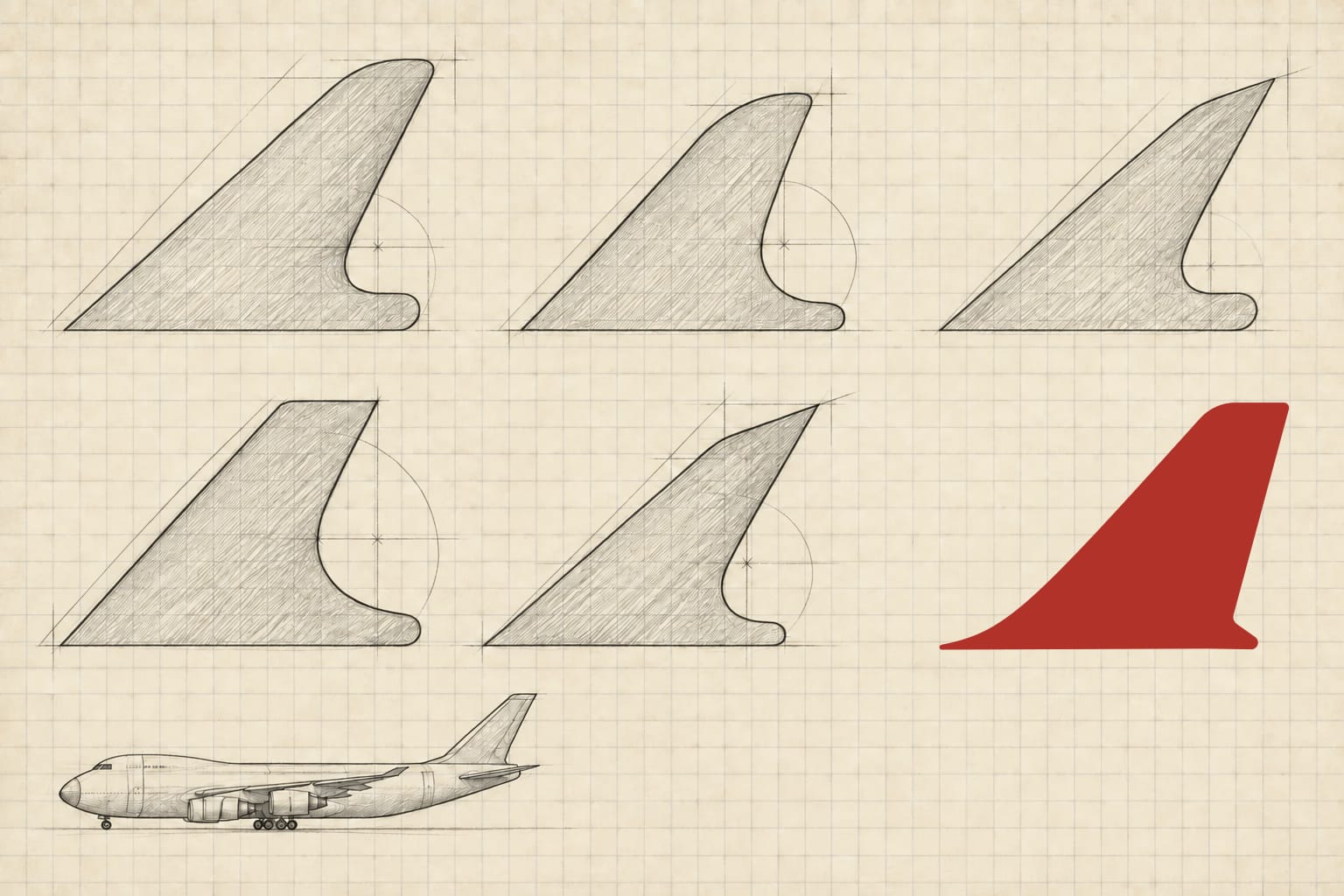 Graphite aircraft-tail studies on cream graph paper, with a small cargo aircraft and a muted red silhouette echoing the chrt mark.