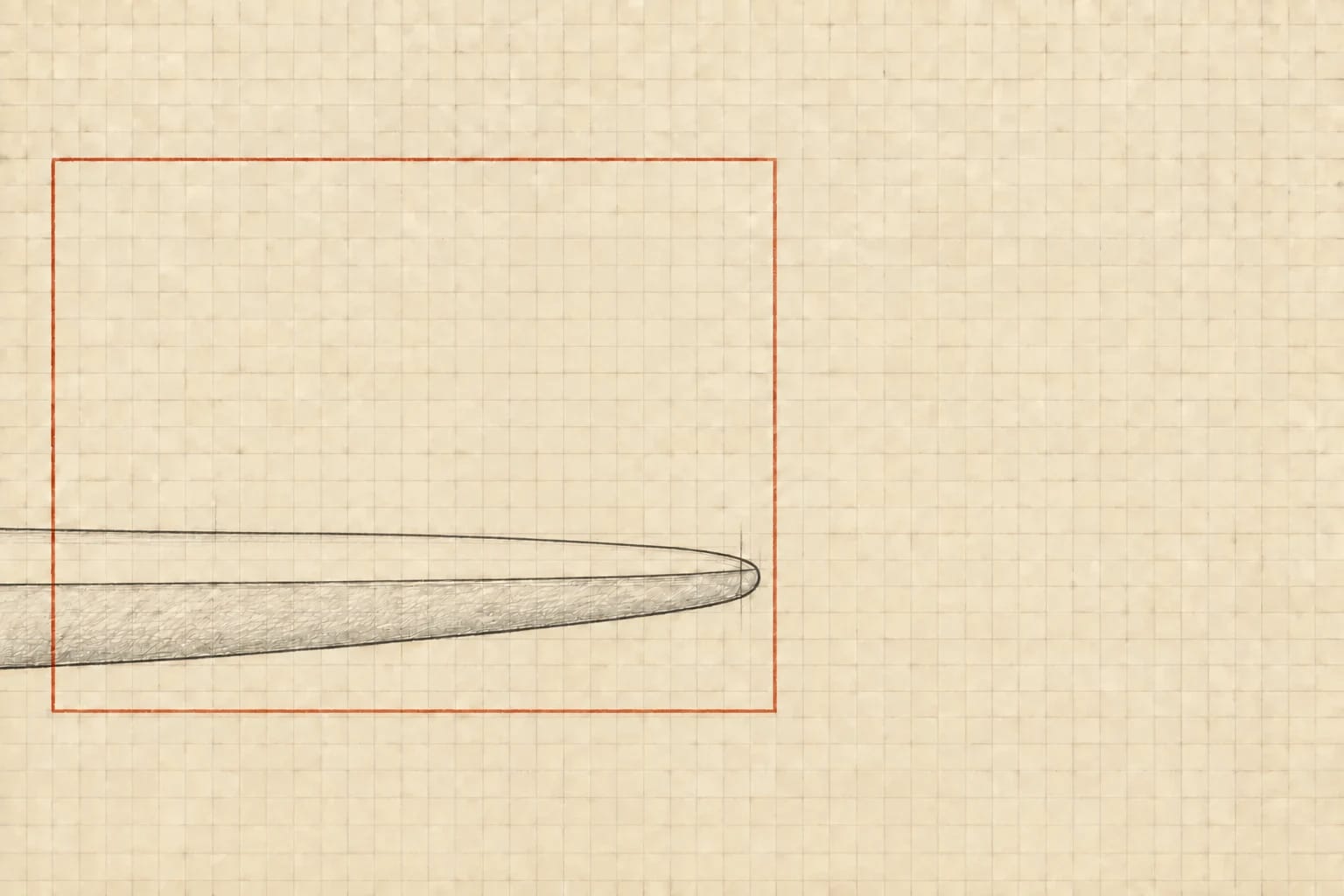 A graphite side profile of a longboard’s tail resting deck-down, with a single fin shaped like the chrt logo pointing upward inside a muted red rectangle on cream graph paper and the final red chrt tail mark alongside it.