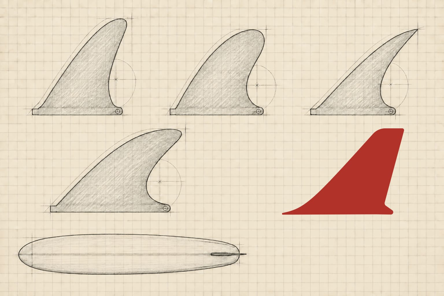 Four graphite longboard single-fin studies on cream graph paper, with an underside view of a longboard and one muted red fin echoing the chrt mark.