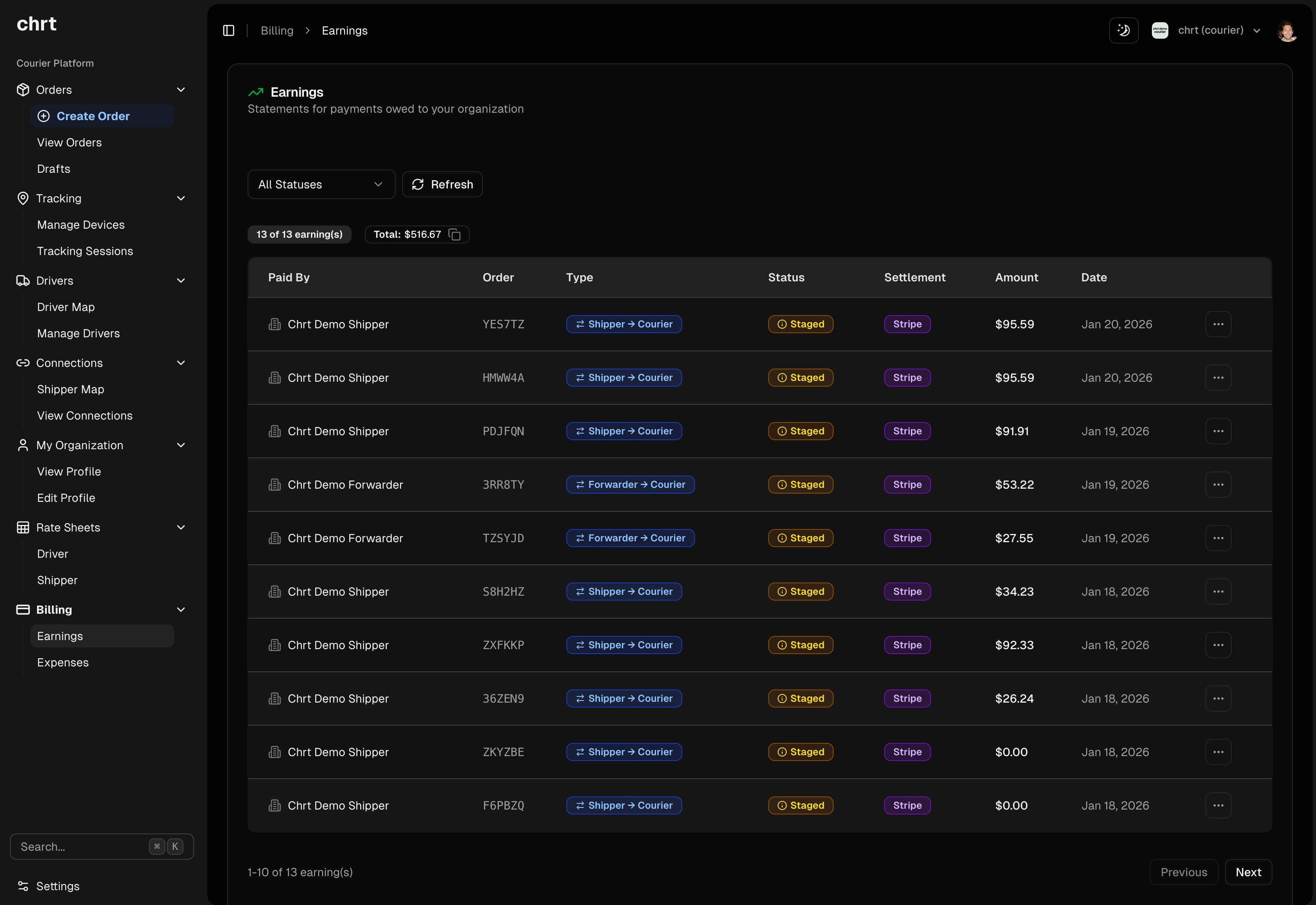 Earnings dashboard showing payment statements and totals