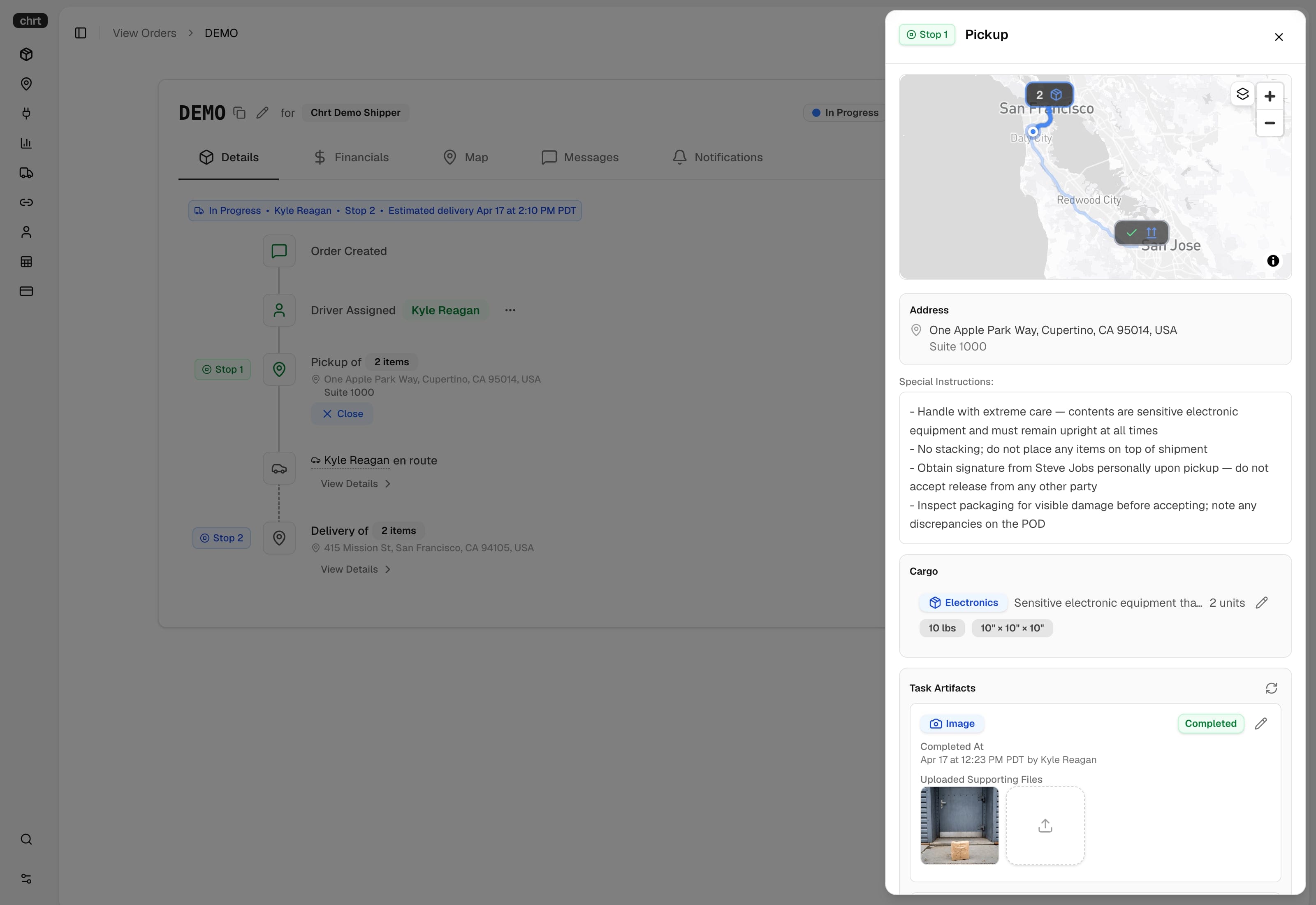 CHRT platform showing order details with real-time tracking and delivery status