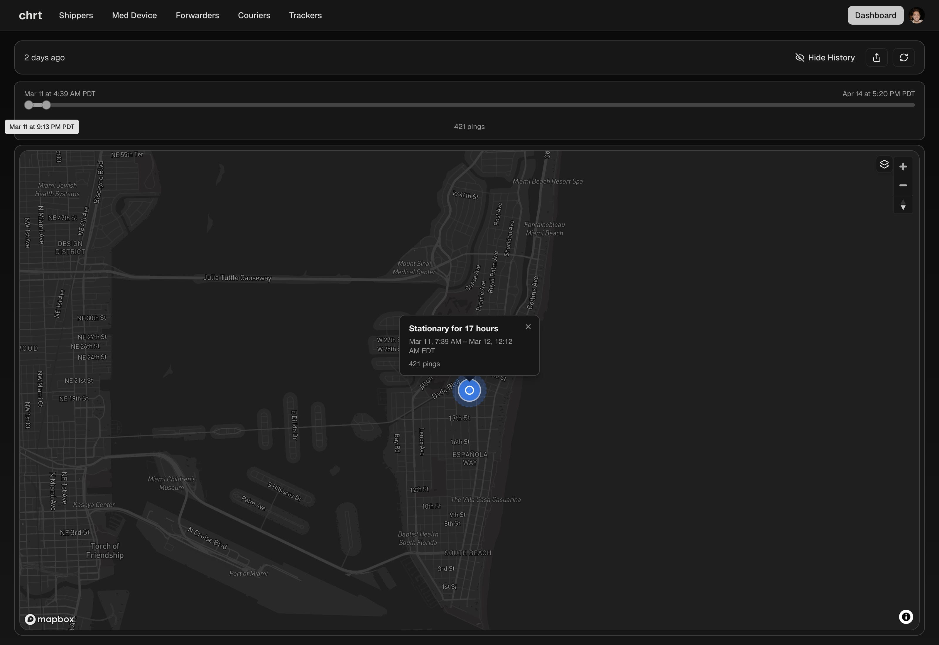 chrt shipment tracker view showing last known location on a live map