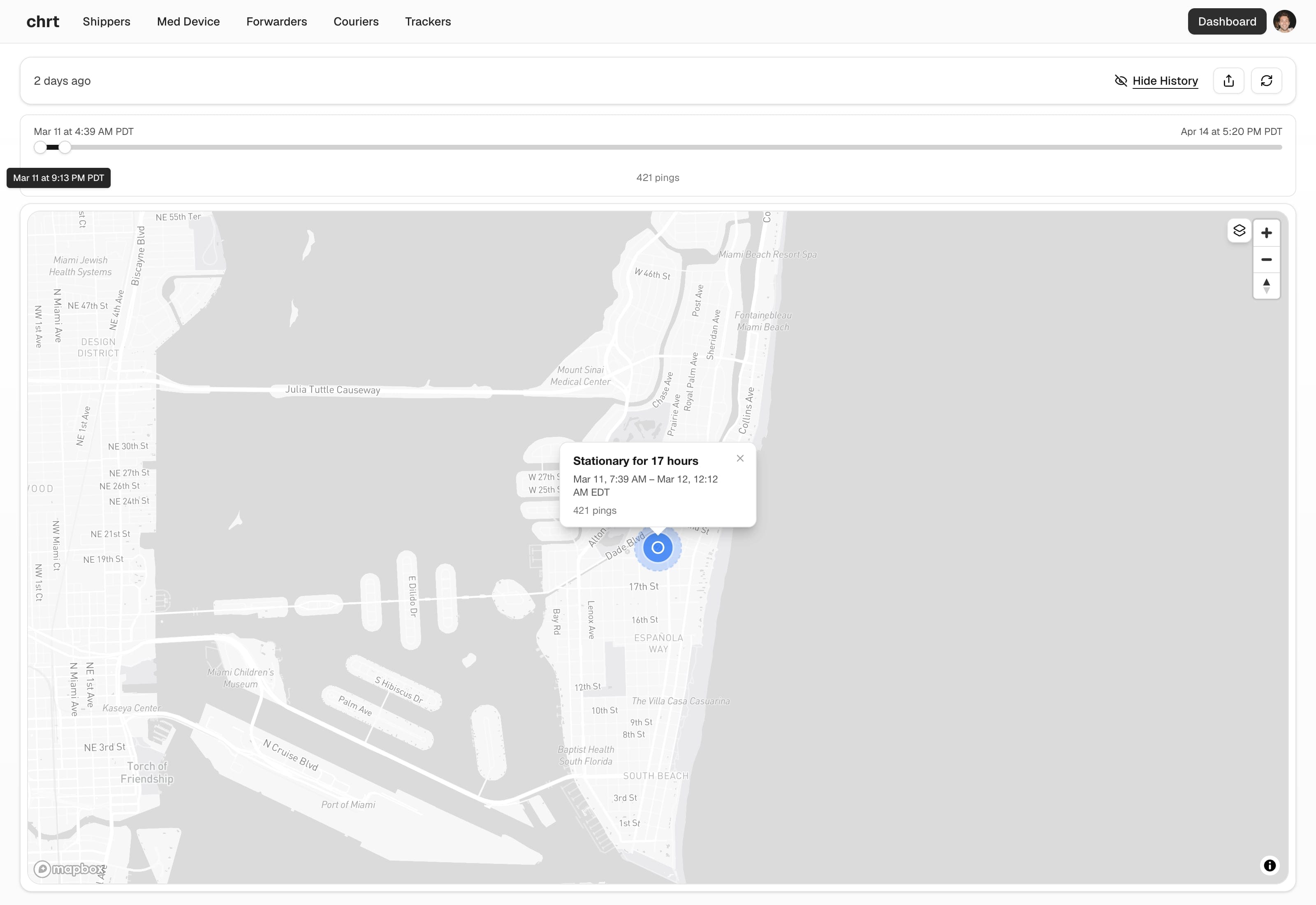 chrt shipment tracker view showing last known location on a live map
