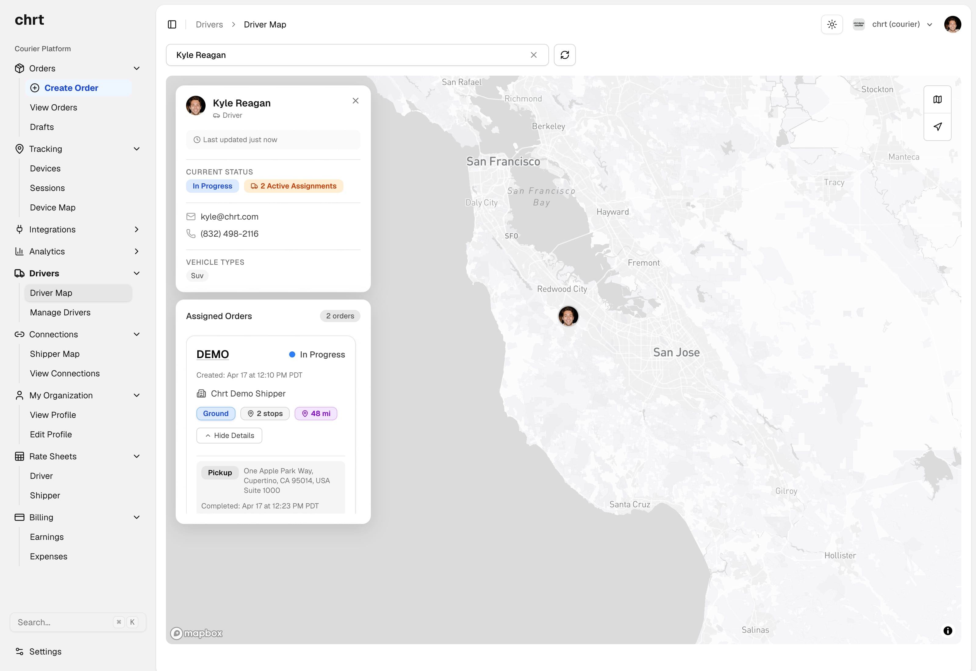 chrt driver map with driver locations and fleet details