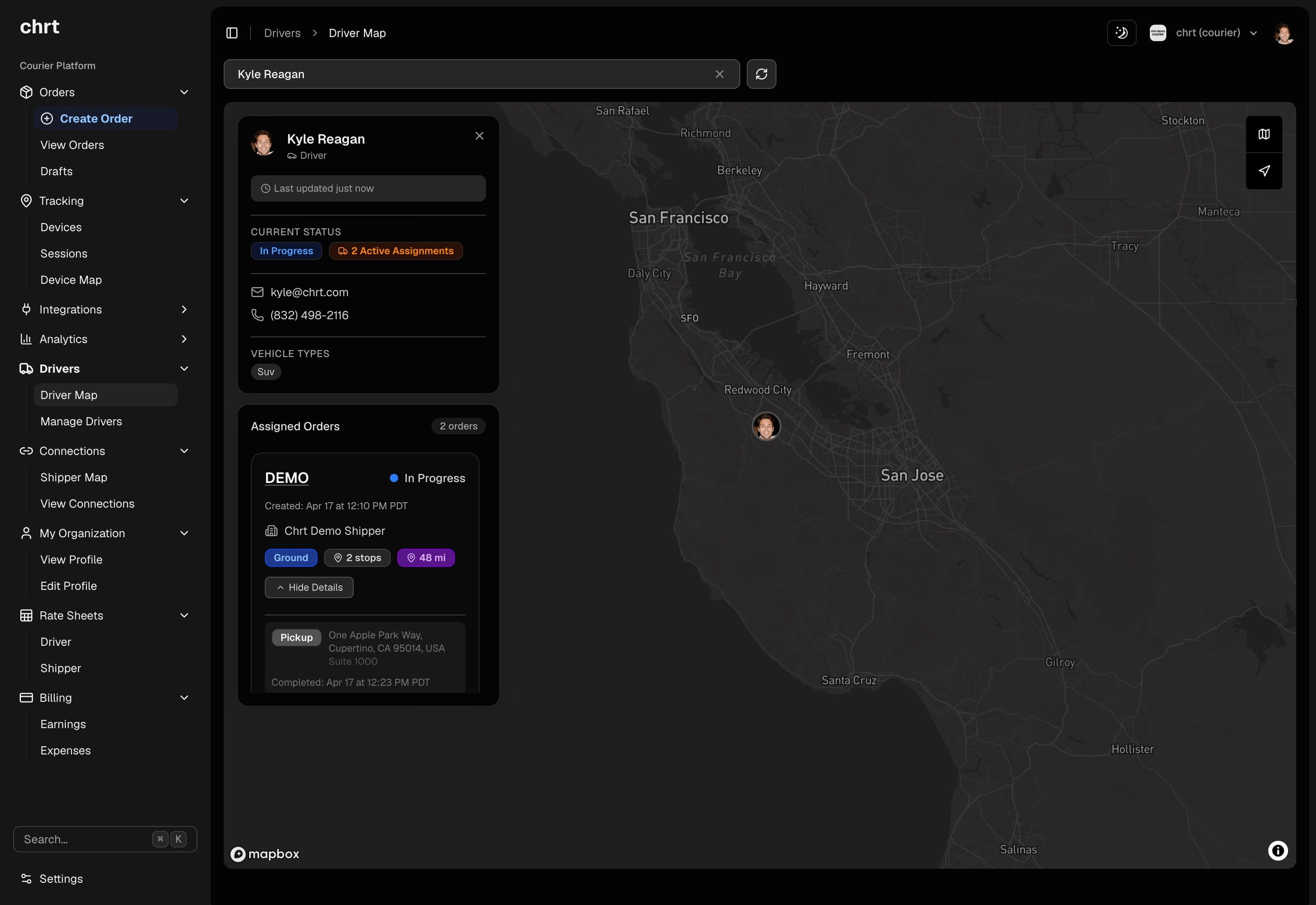 chrt driver map with driver locations and fleet details