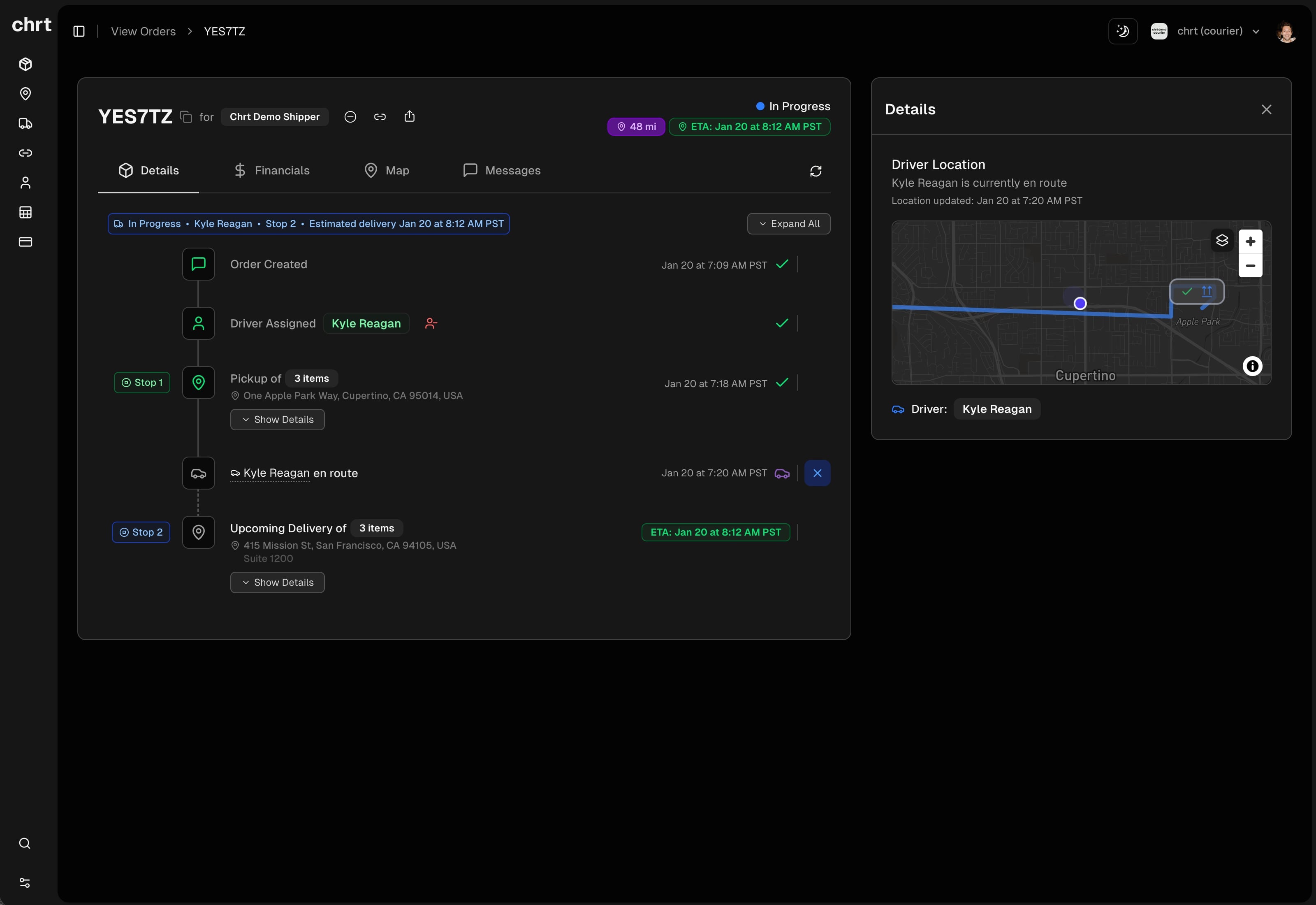 CHRT platform dashboard showing order creation interface with map, pickup and delivery details in dark mode