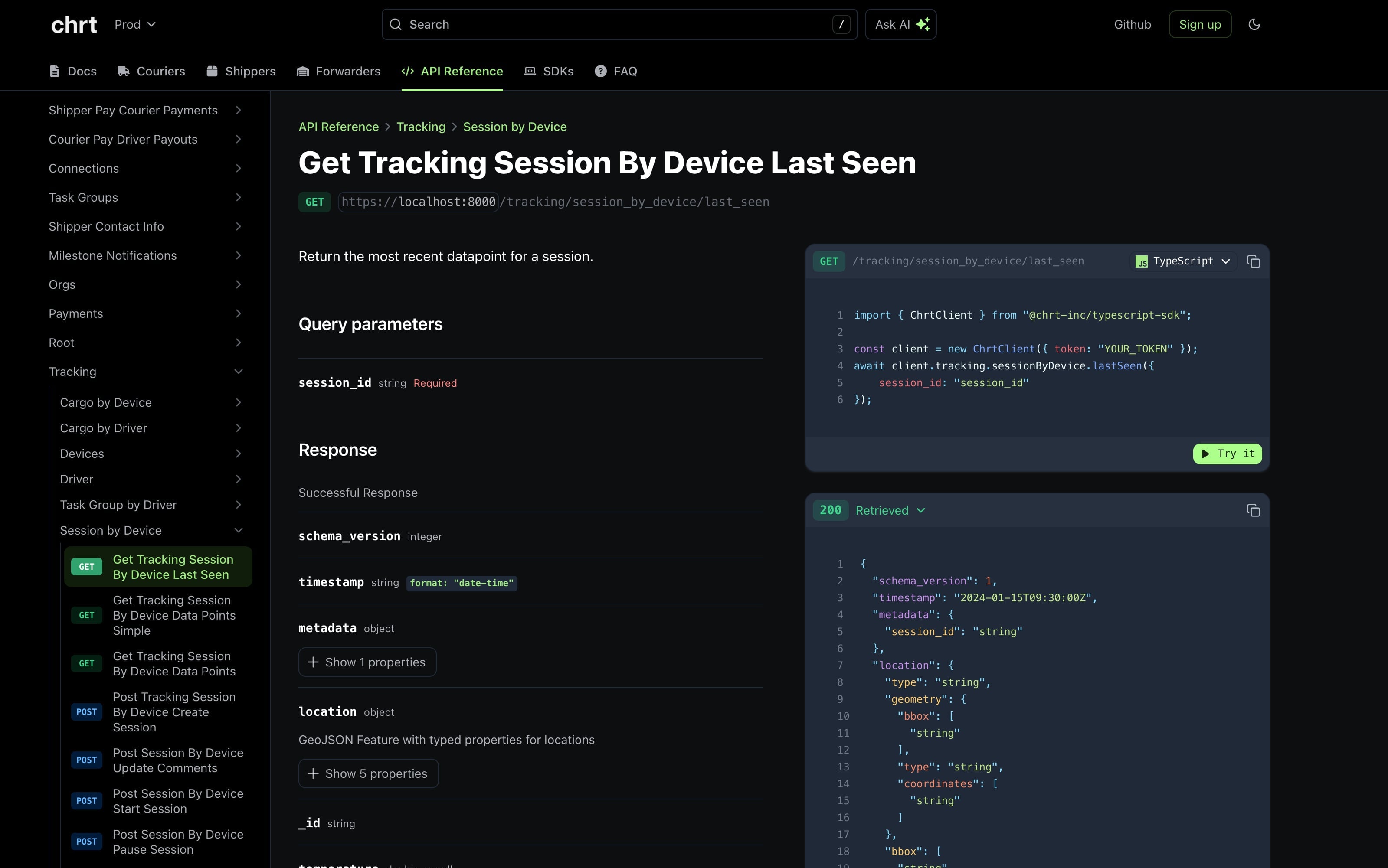 CHRT API documentation showing tracking session endpoint with real-time location data in dark mode