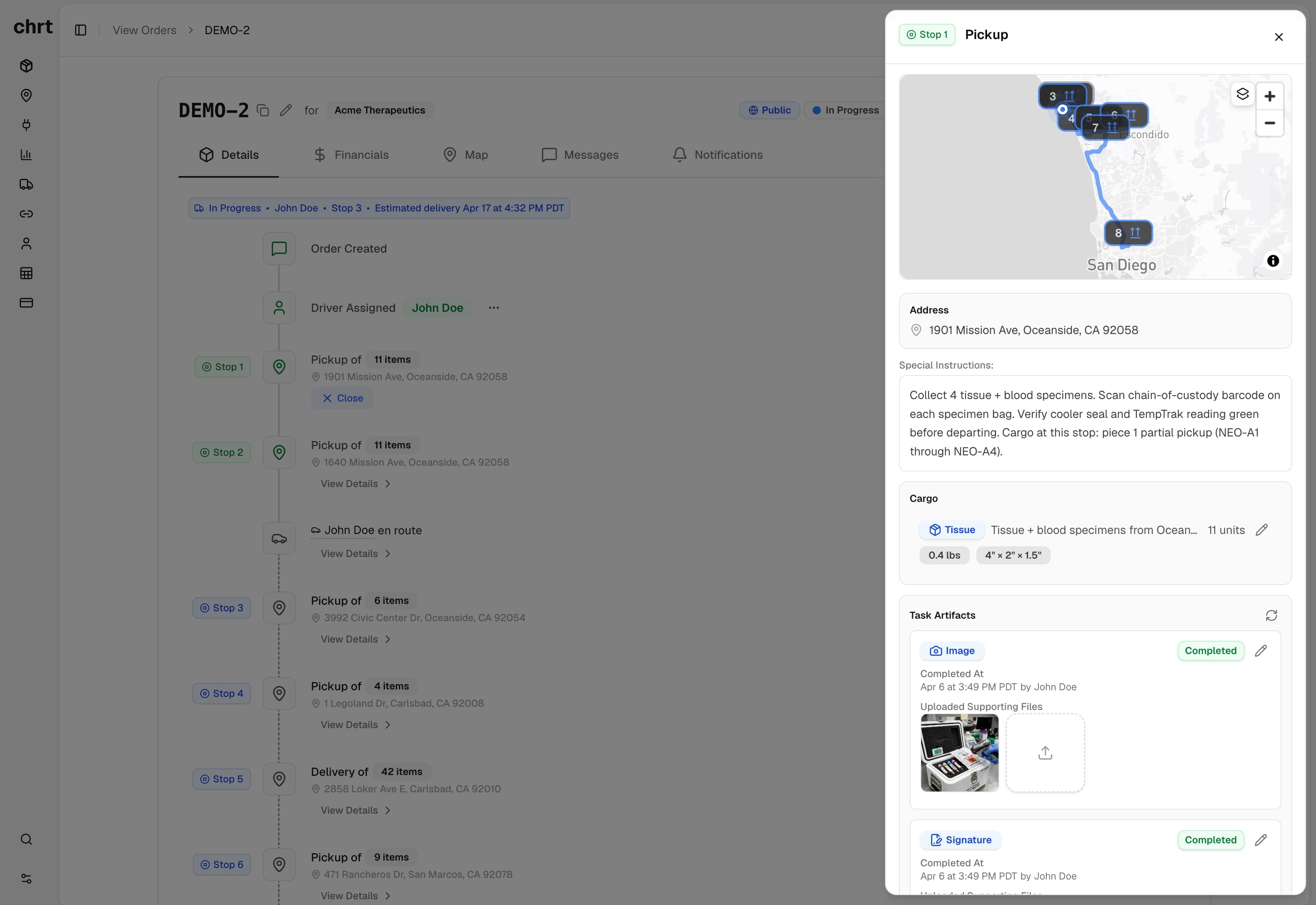 CHRT platform showing order tracking with live driver location and route details