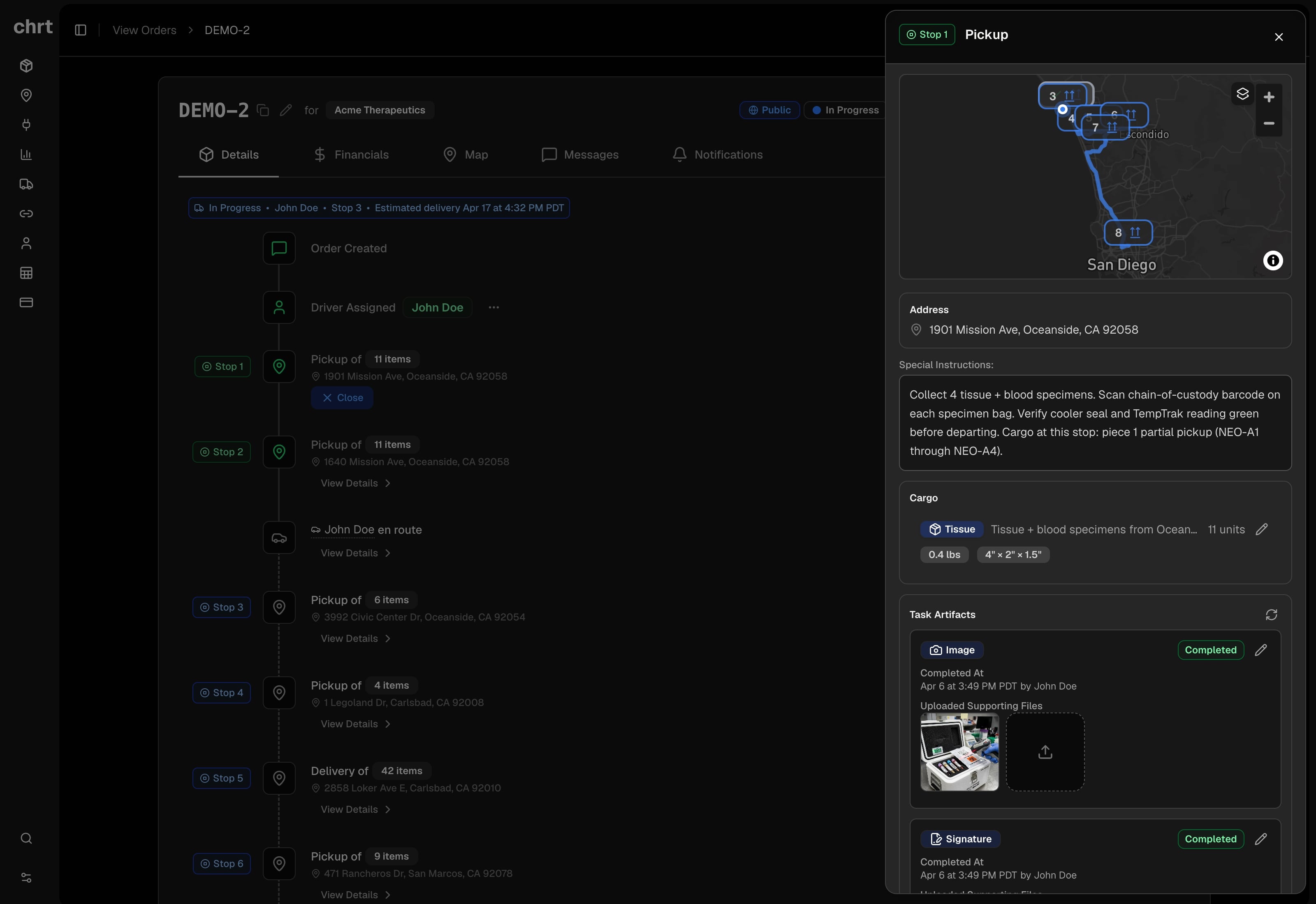 CHRT platform showing order tracking with live driver location and route details in dark mode