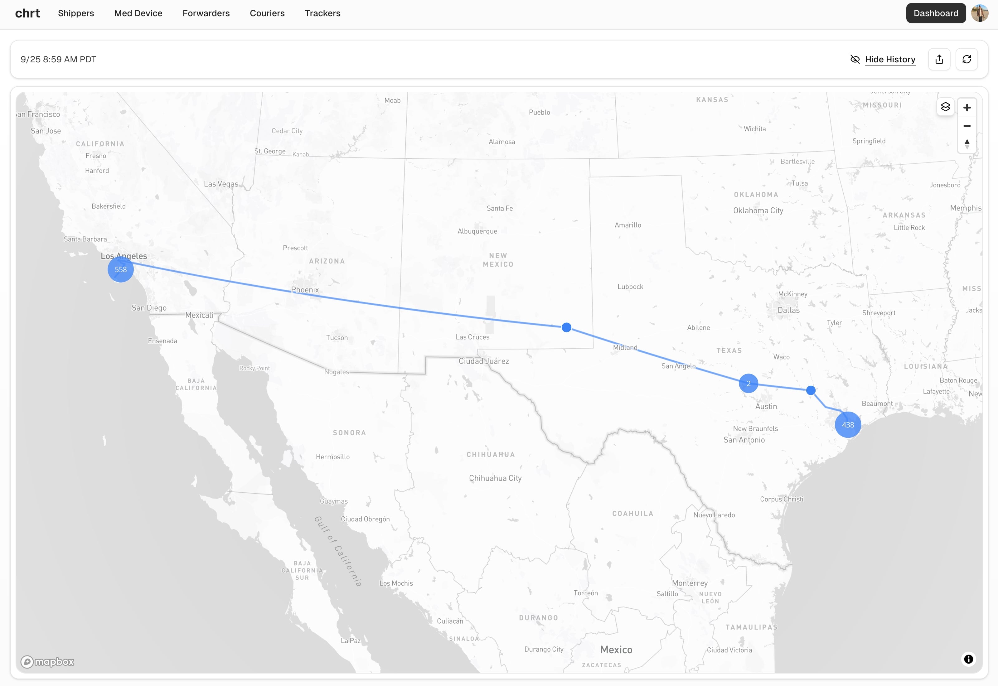 CHRT platform dashboard showing order creation interface with map, pickup and delivery details