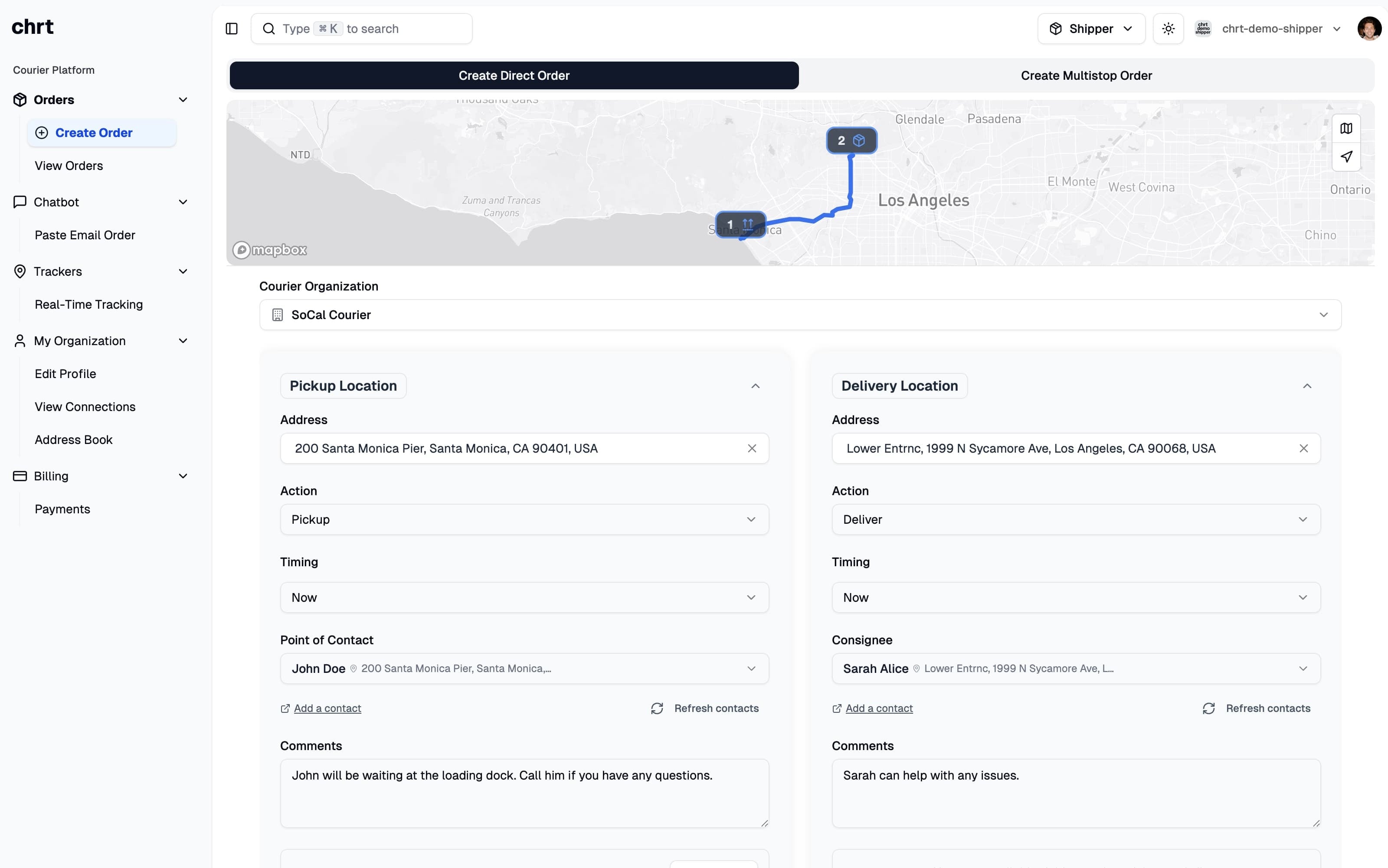 CHRT platform dashboard showing order creation interface with map, pickup and delivery details
