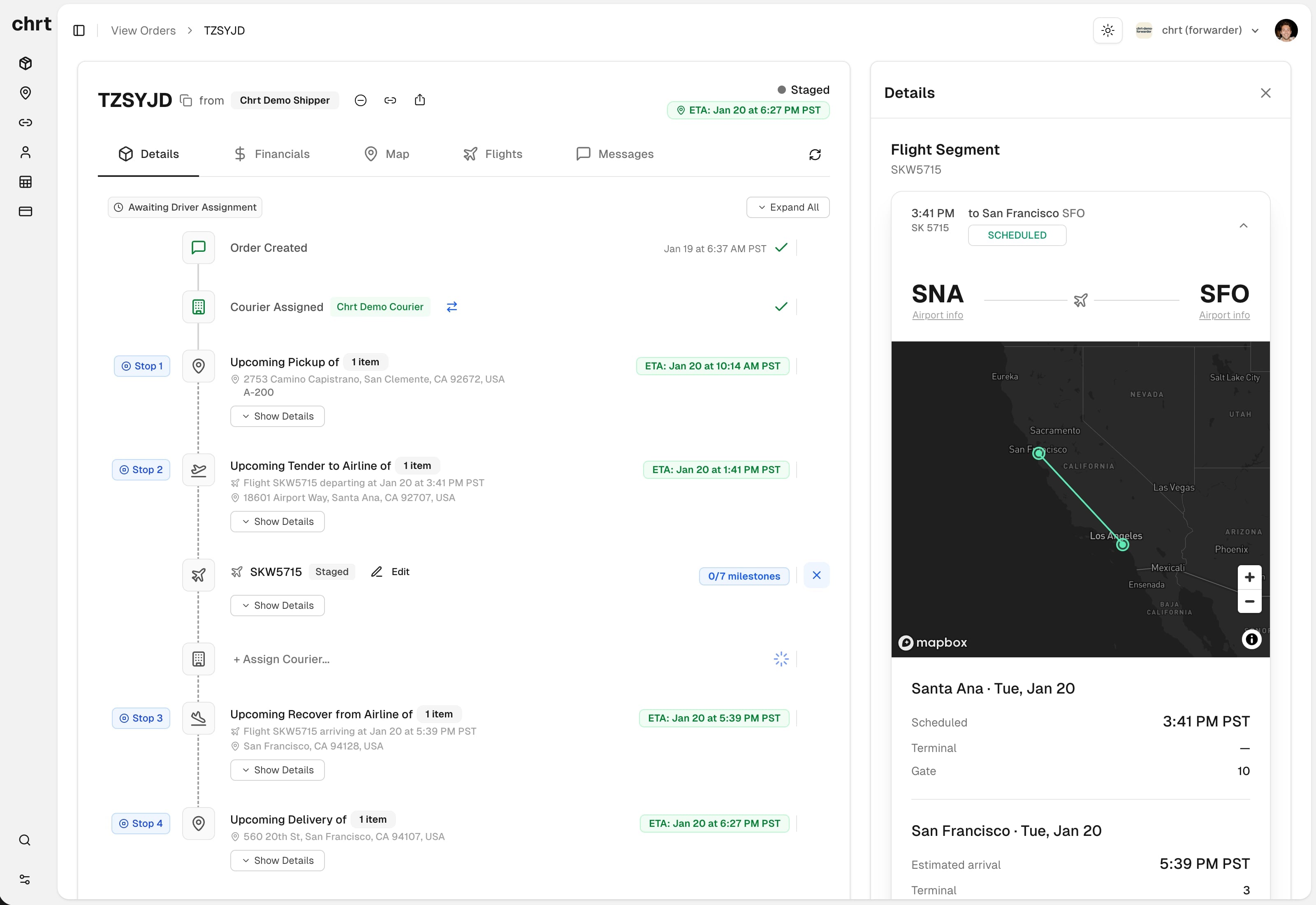 CHRT platform showing flight order details with cargo booking