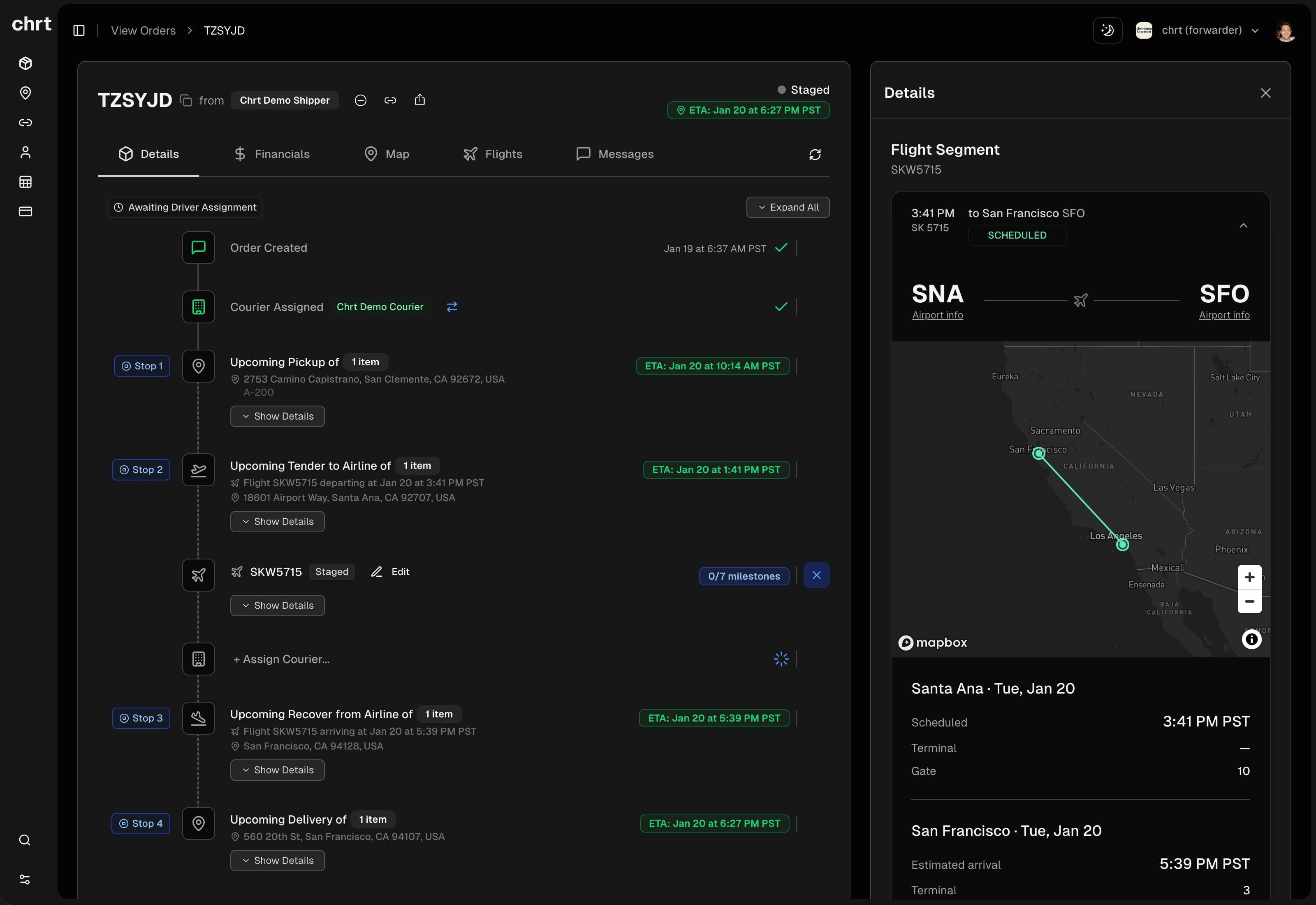 CHRT platform showing flight order details with cargo booking in dark mode