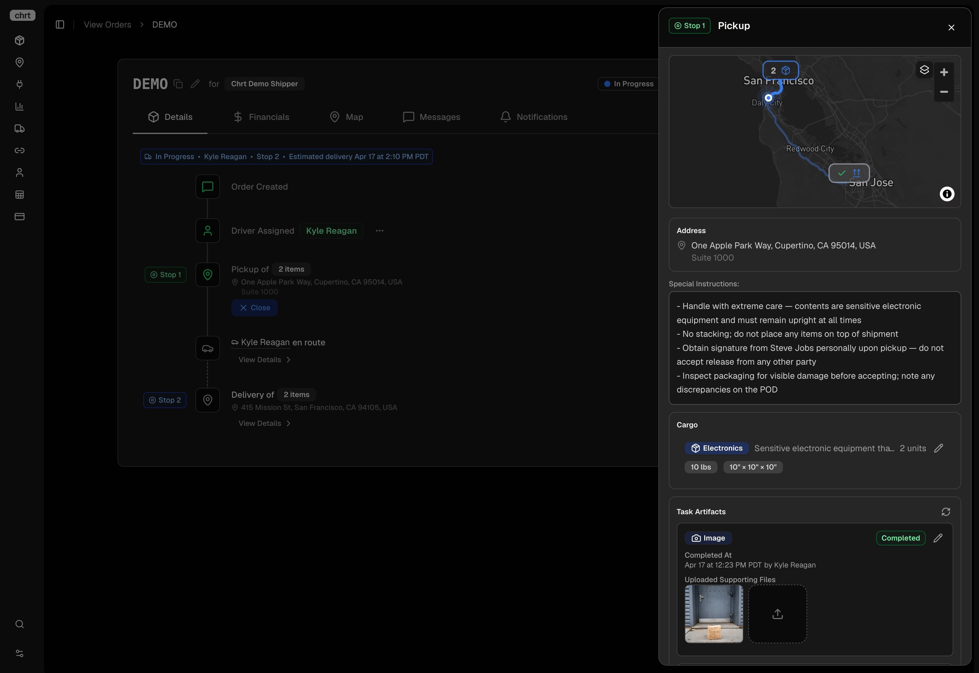 CHRT platform dashboard showing order creation interface with map, pickup and delivery details in dark mode