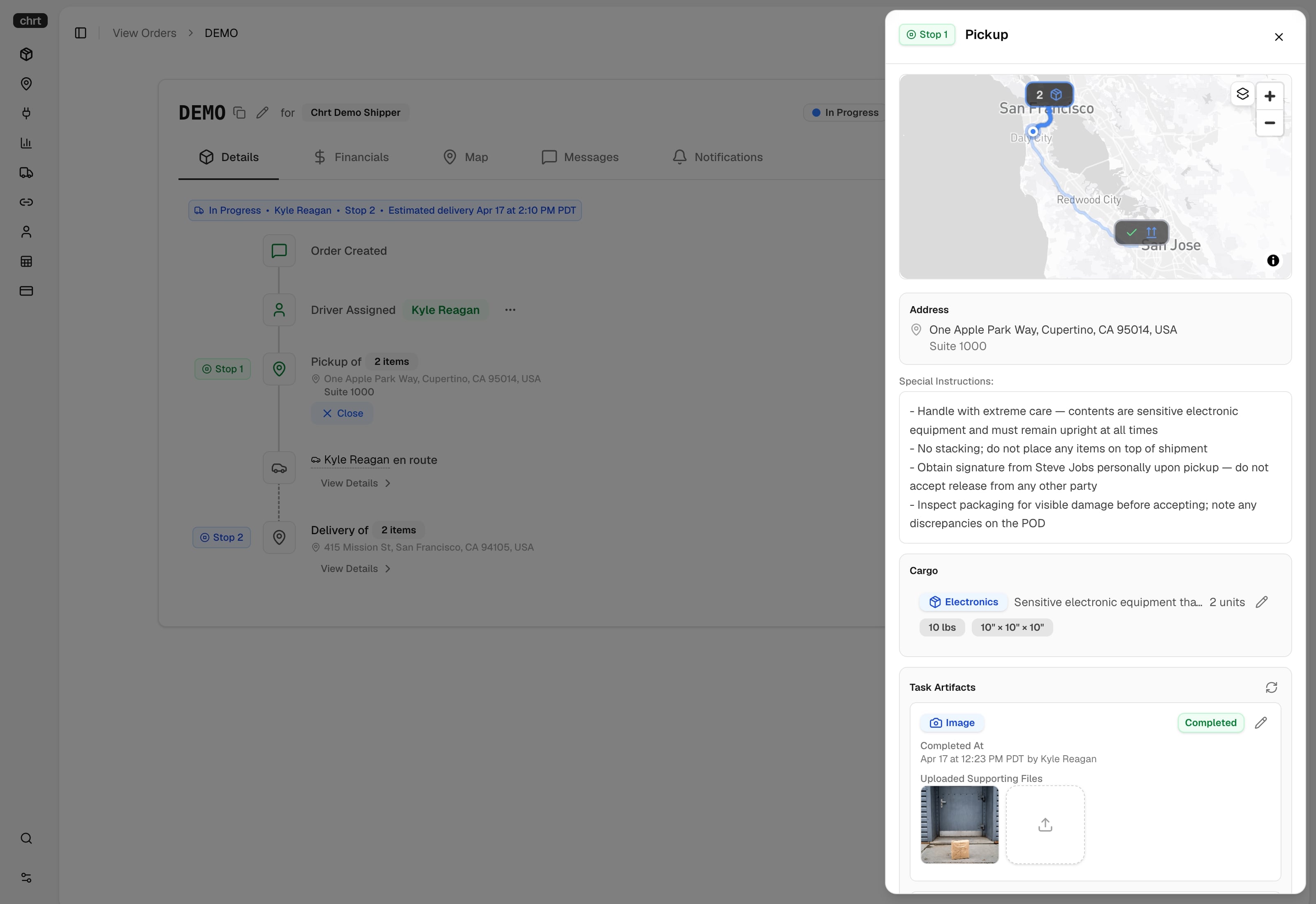 CHRT platform dashboard showing order creation interface with map, pickup and delivery details