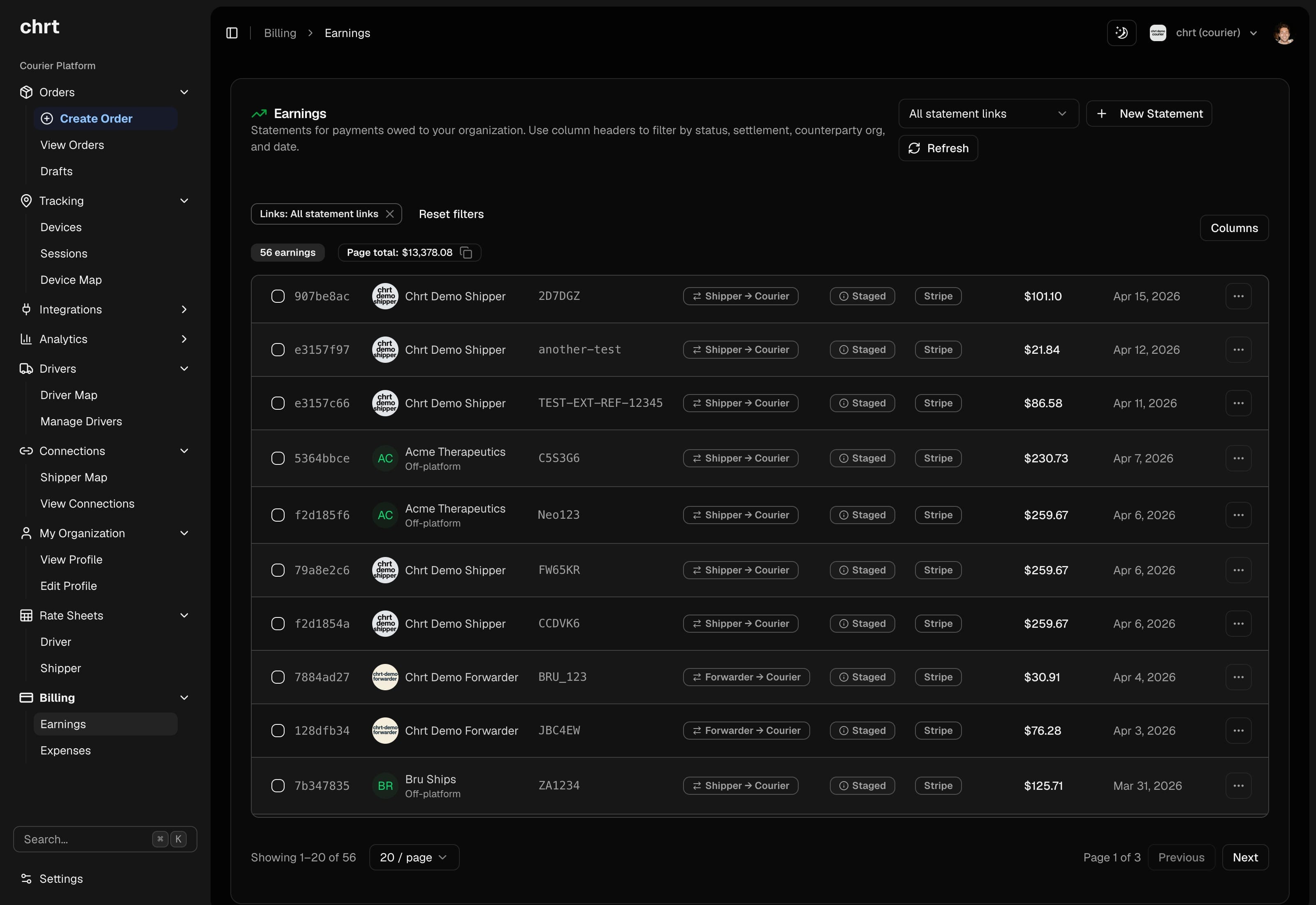 Earnings dashboard listing payment statements, linked orders, statuses, and settlement methods