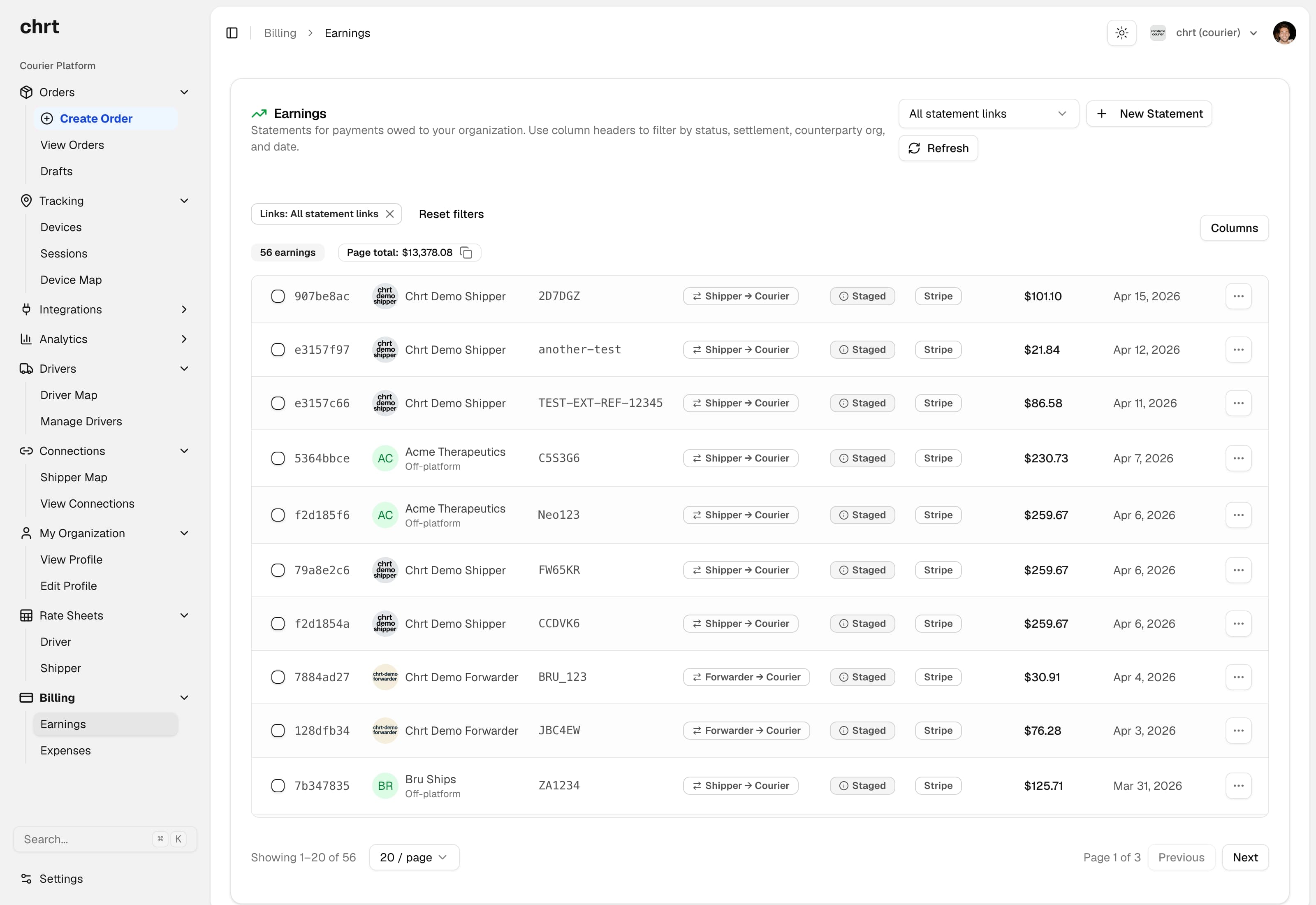 Earnings dashboard listing payment statements, linked orders, statuses, and settlement methods