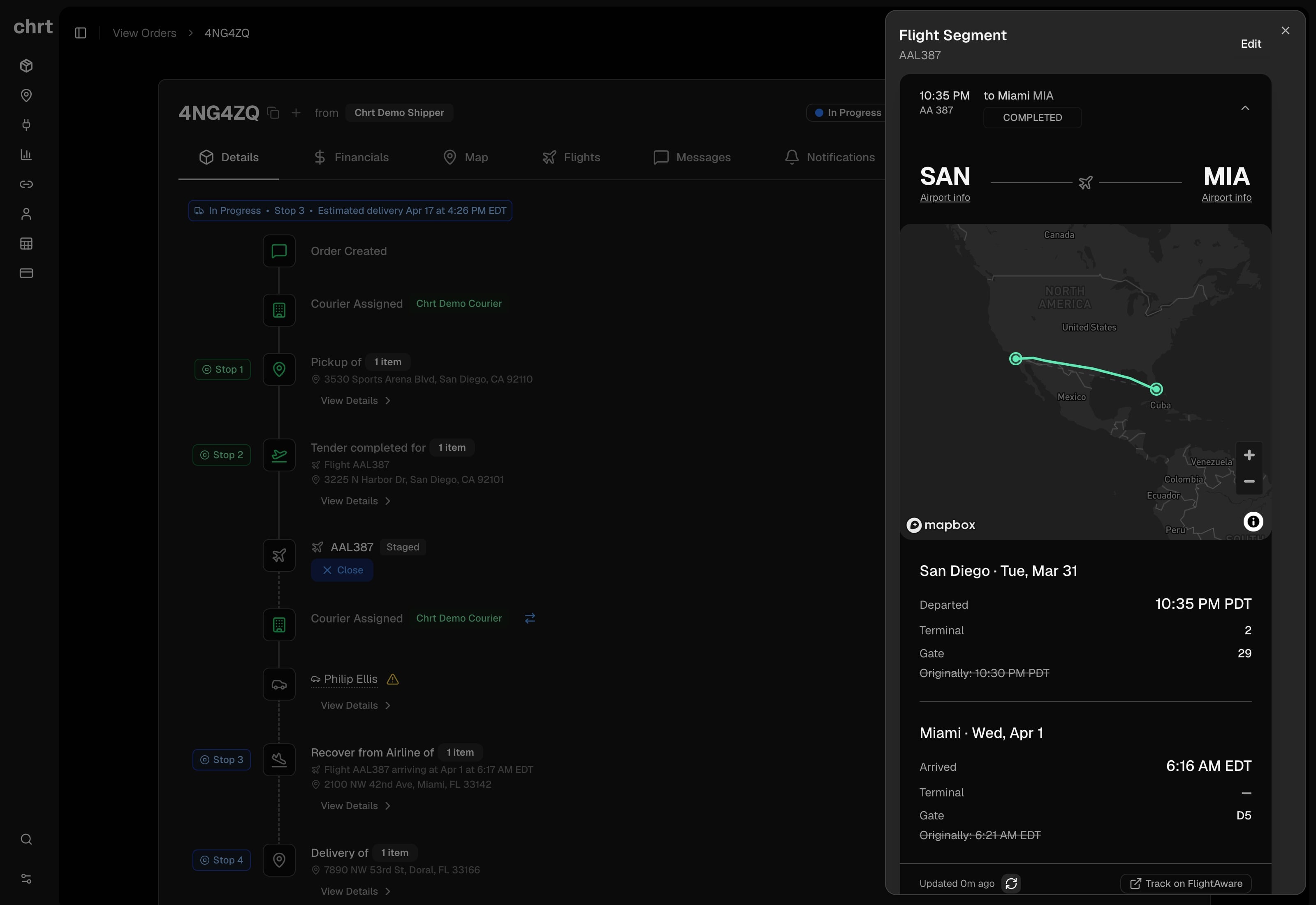 CHRT platform showing flight order details with cargo booking in dark mode