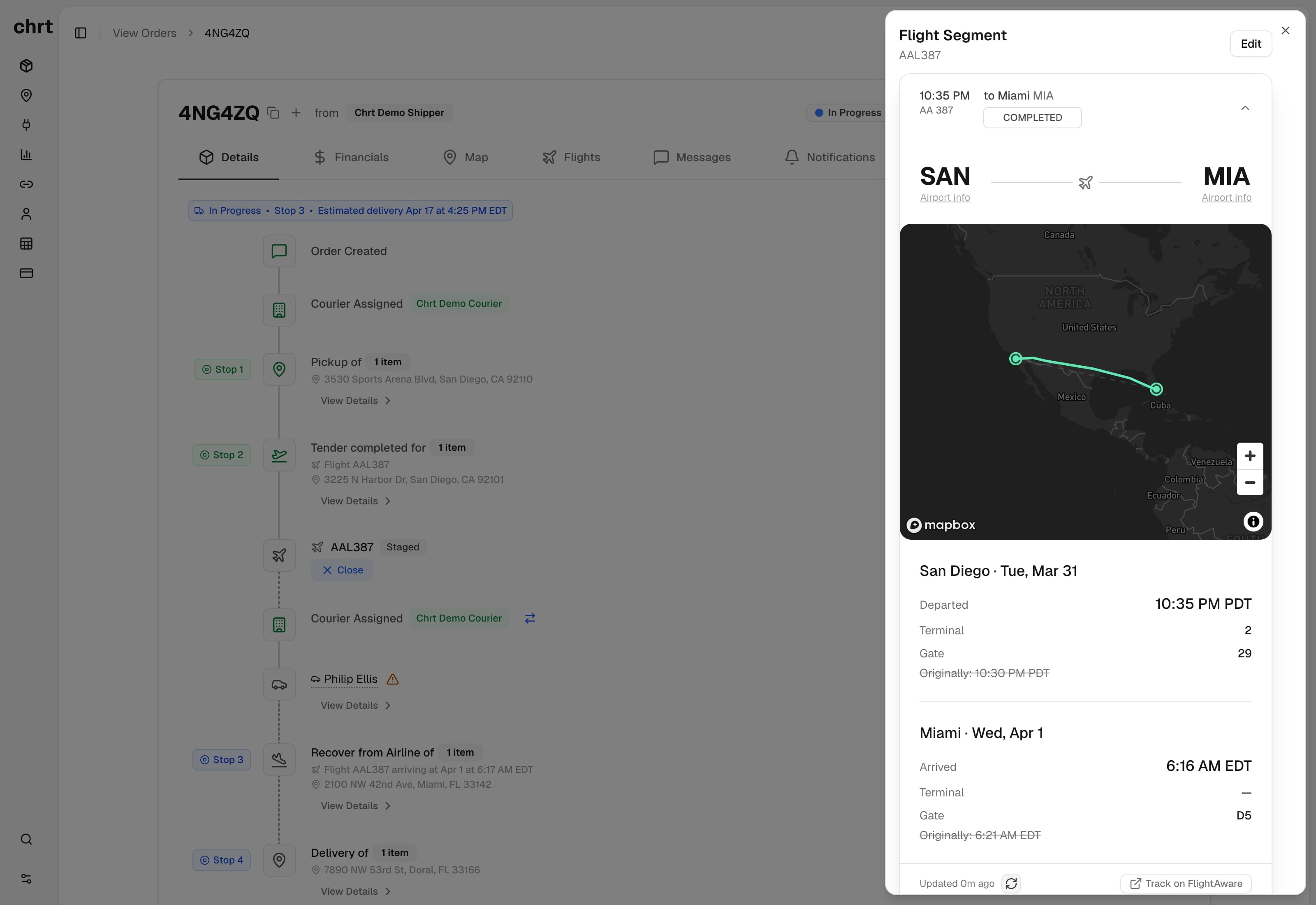CHRT platform showing flight order details with cargo booking