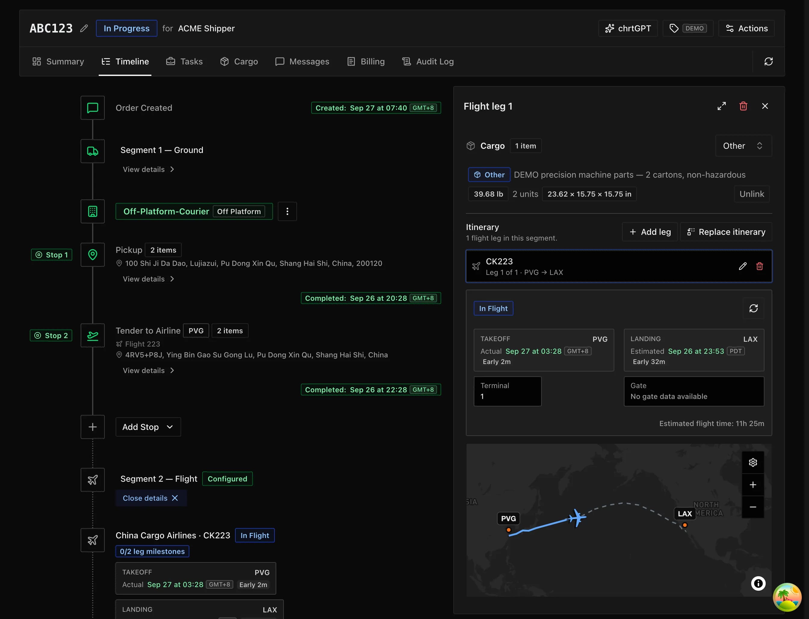 Preview of demo order ABC123 and flight CK223 with the PVG to LAX flight track